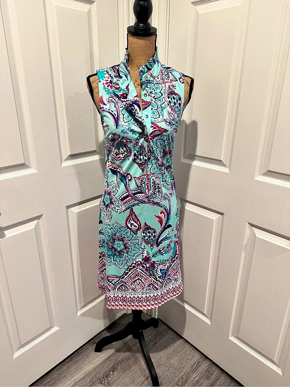 Aryeh Avery Ruffle Neck Dress Paisley Green & Pink Small Like New